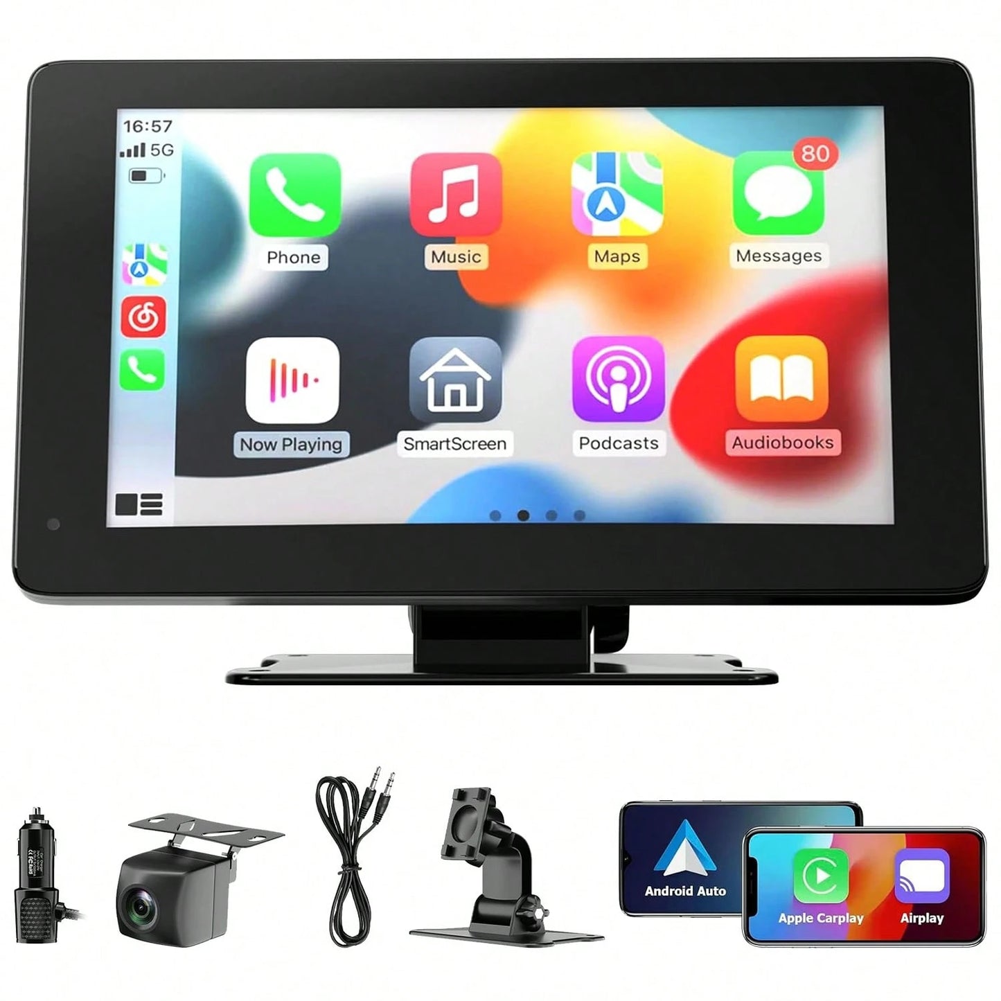 Wireless CarPlay Screen For Car, IPS HD Portable Car Touchscreen, Wireless Apple CarPlay & Android Auto Car Stereo With Backup Camera, Bluetooth, Navigation, Mirror Link, Universal Vehicle Multimedi