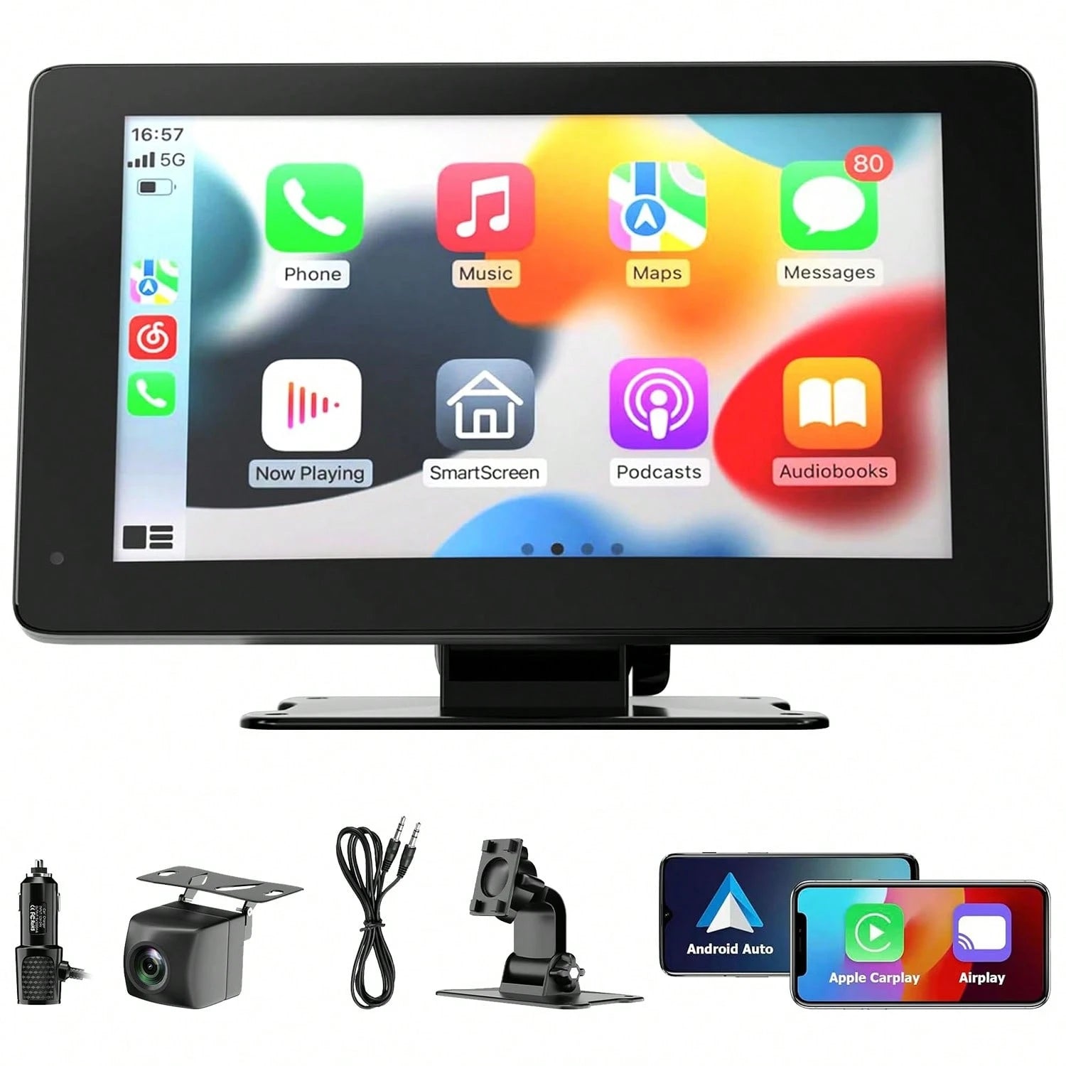 Wireless CarPlay Screen For Car, IPS HD Portable Car Touchscreen, Wireless Apple CarPlay & Android Auto Car Stereo With Backup Camera, Bluetooth, Navigation, Mirror Link, Universal Vehicle Multimedi