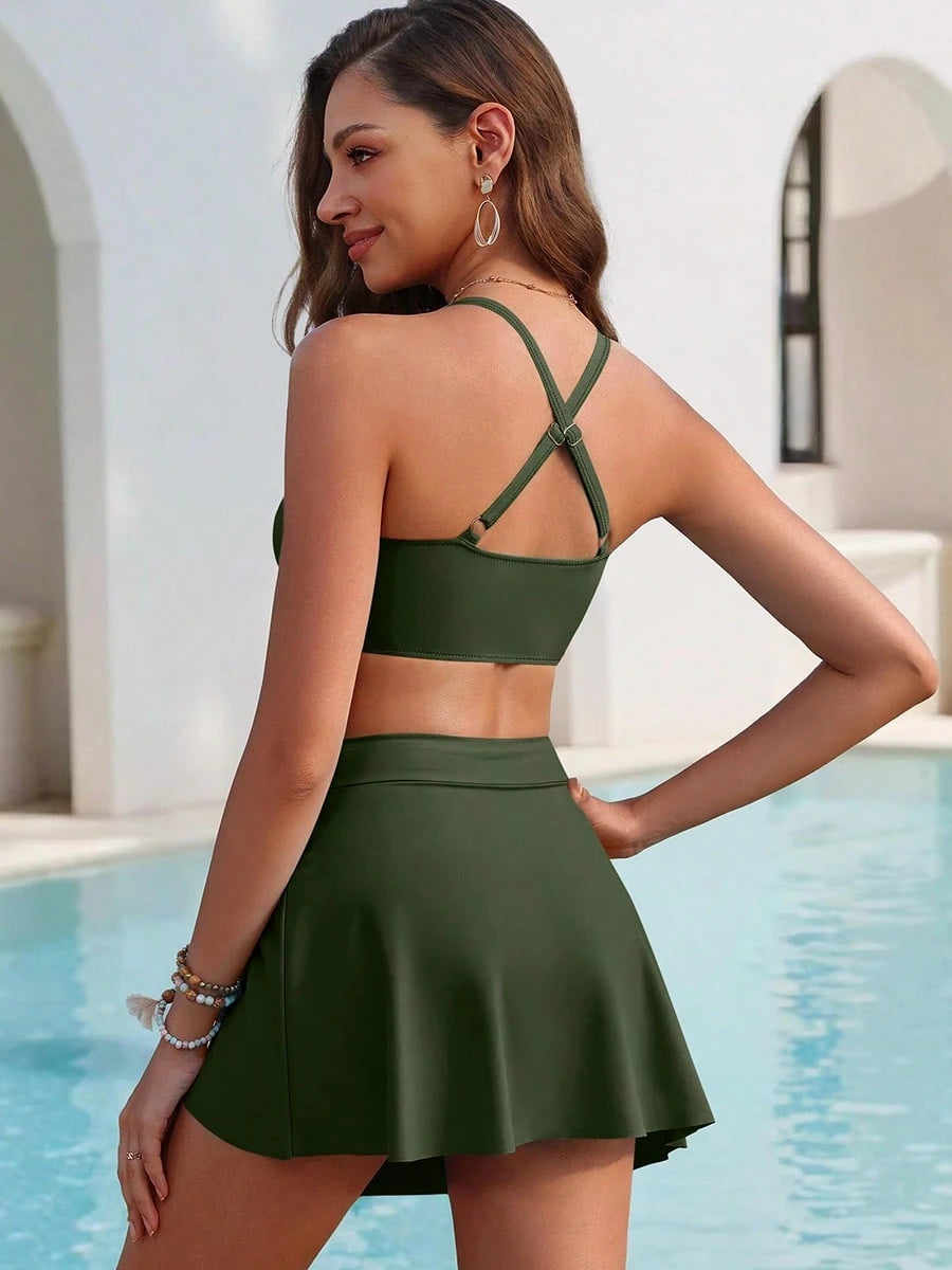 Women 2 Piece Skirted Tankini Swimsuit, Ring Cutout Ruched Cross Back Top, High Waist Tie Knot Tummy Control Swim Skirt Beach Pool Vacation Wear
