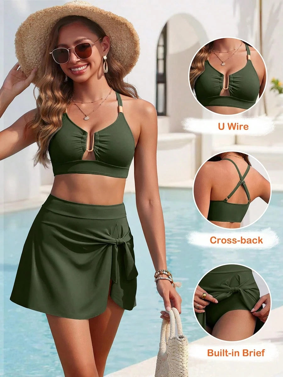 Women 2 Piece Skirted Tankini Swimsuit, Ring Cutout Ruched Cross Back Top, High Waist Tie Knot Tummy Control Swim Skirt Beach Pool Vacation Wear