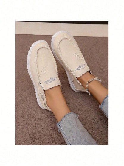 Women Daisy Embroidery Slip On Canvas Loafers, Lightweight Soft Comfort Walking Shoes, Daily Shopping Outdoor Travel Summer Holiday Casual Footwear