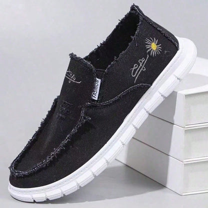 Women Daisy Embroidery Slip On Canvas Loafers, Lightweight Soft Comfort Walking Shoes, Daily Shopping Outdoor Travel Summer Holiday Casual Footwear