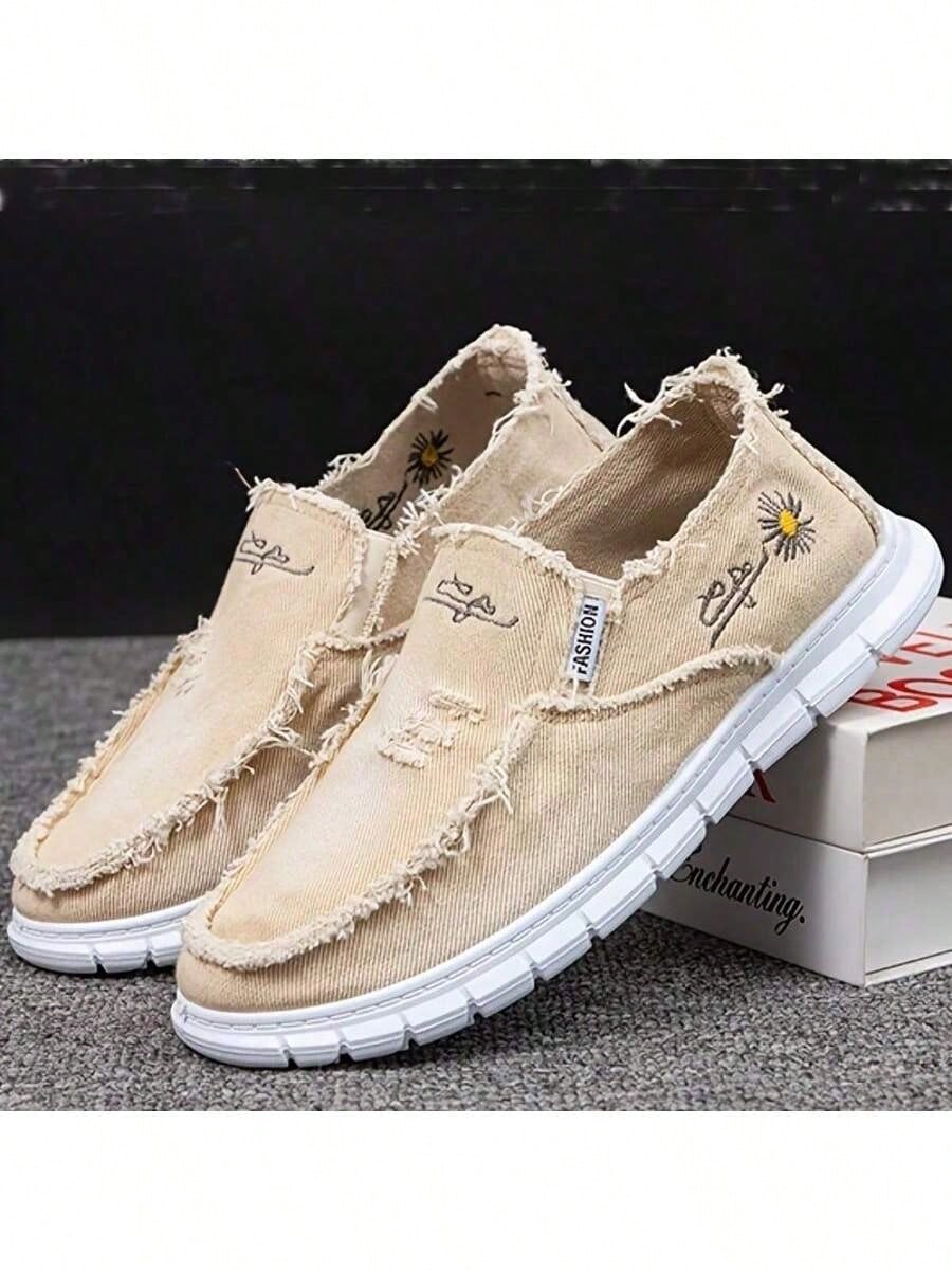 Women Daisy Embroidery Slip On Canvas Loafers, Lightweight Soft Comfort Walking Shoes, Daily Shopping Outdoor Travel Summer Holiday Casual Footwear