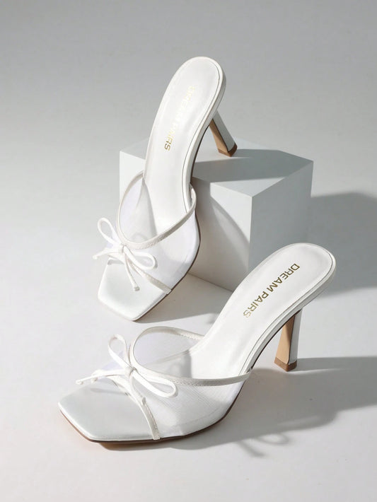 Women Fashion Stiletto Mule Sandals With Bow Mesh Decorative, Open Toe Mesh Breathable Slip-On Summer Sandals For Daily Party Wedding Wearing