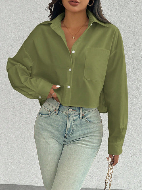Women Plain Button Front Long Sleeve Pocket Casual Shirt, Random Floral Pattern Fall Cloth For Women