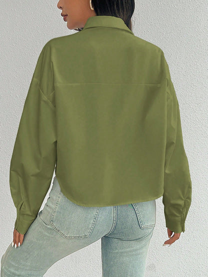Women Plain Button Front Long Sleeve Pocket Casual Shirt, Random Floral Pattern Fall Cloth For Women