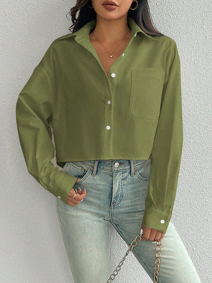 Women Plain Button Front Long Sleeve Pocket Casual Shirt, Random Floral Pattern Fall Cloth For Women