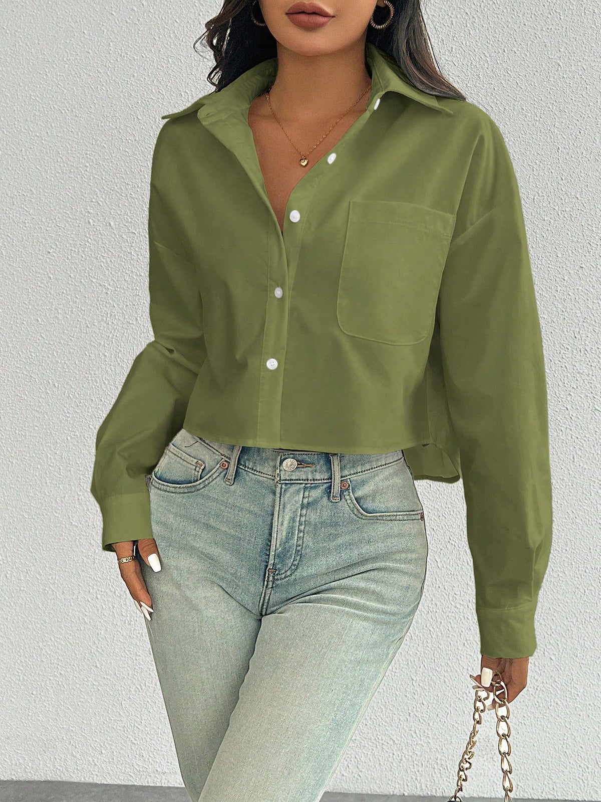 Women Plain Button Front Long Sleeve Pocket Casual Shirt, Random Floral Pattern Fall Cloth For Women