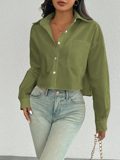 Women Plain Button Front Long Sleeve Pocket Casual Shirt, Random Floral Pattern Fall Cloth For Women