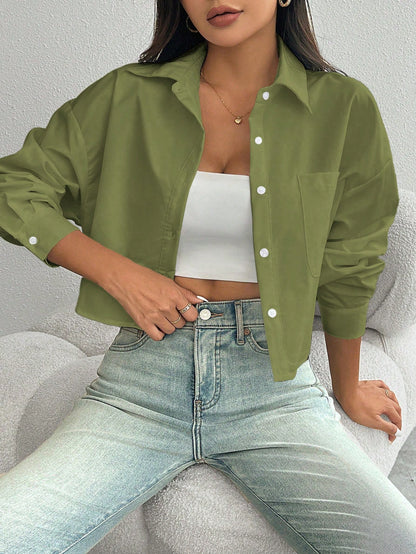 Women Plain Button Front Long Sleeve Pocket Casual Shirt, Random Floral Pattern Fall Cloth For Women