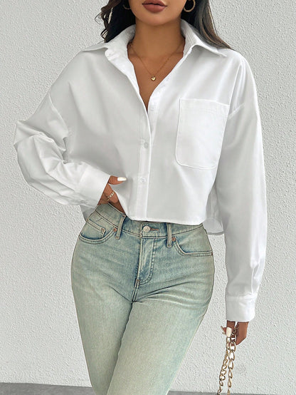 Women Plain Button Front Long Sleeve Pocket Casual Shirt, Random Floral Pattern Fall Cloth For Women