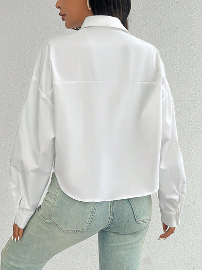 Women Plain Button Front Long Sleeve Pocket Casual Shirt, Random Floral Pattern Fall Cloth For Women