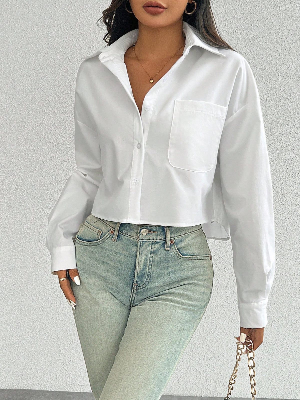 Women Plain Button Front Long Sleeve Pocket Casual Shirt, Random Floral Pattern Fall Cloth For Women