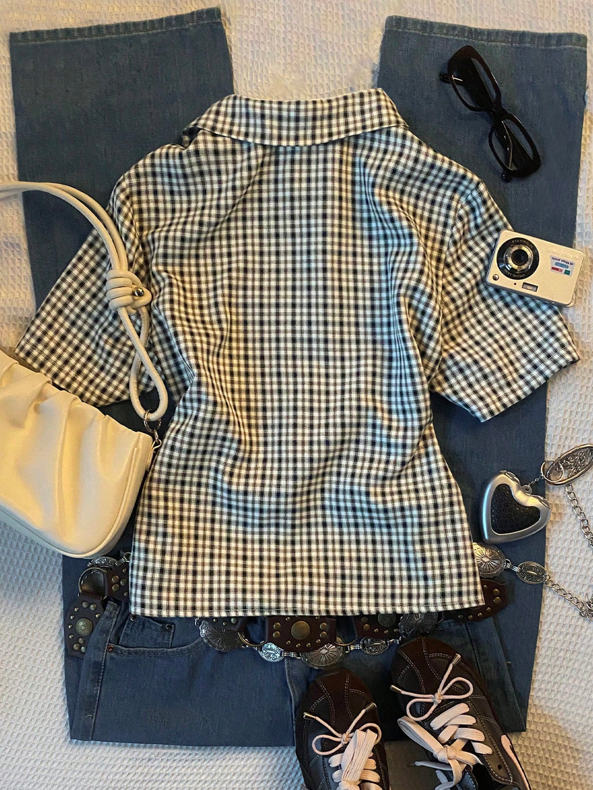 Women Plus-Size Retro Plaid Short-Sleeved Shirt With Polo Collar,Loose Casual Black And White 90s Style,Autumn School Back-To-School Comfortable Top