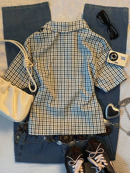 Women Plus-Size Retro Plaid Short-Sleeved Shirt With Polo Collar,Loose Casual Black And White 90s Style,Autumn School Back-To-School Comfortable Top
