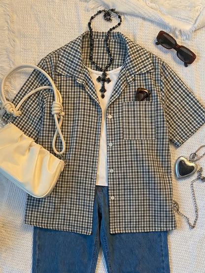 Women Plus-Size Retro Plaid Short-Sleeved Shirt With Polo Collar,Loose Casual Black And White 90s Style,Autumn School Back-To-School Comfortable Top