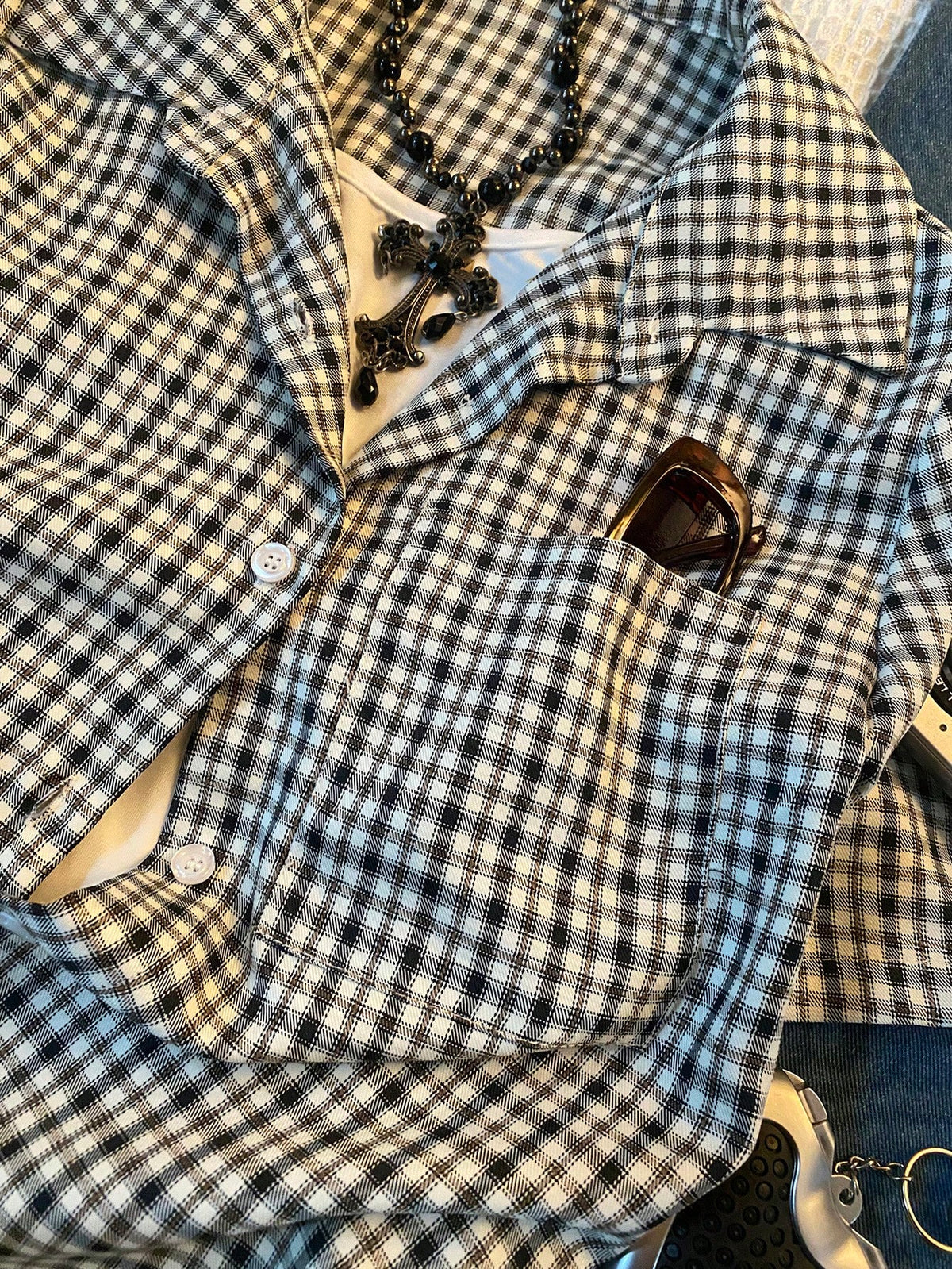 Women Plus-Size Retro Plaid Short-Sleeved Shirt With Polo Collar,Loose Casual Black And White 90s Style,Autumn School Back-To-School Comfortable Top