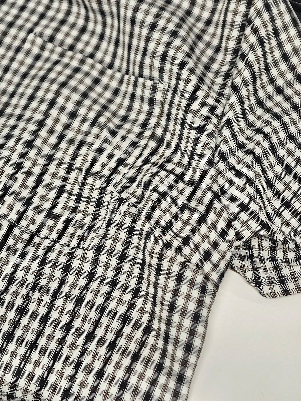 Women Plus-Size Retro Plaid Short-Sleeved Shirt With Polo Collar,Loose Casual Black And White 90s Style,Autumn School Back-To-School Comfortable Top