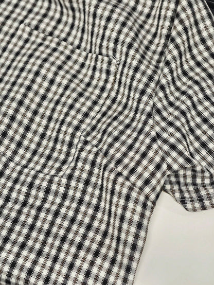 Women Plus-Size Retro Plaid Short-Sleeved Shirt With Polo Collar,Loose Casual Black And White 90s Style,Autumn School Back-To-School Comfortable Top