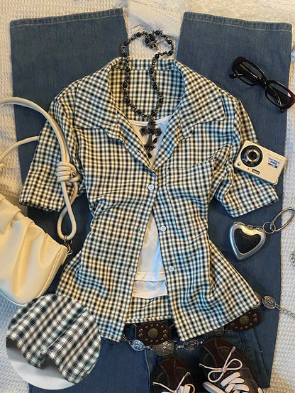 Women Plus-Size Retro Plaid Short-Sleeved Shirt With Polo Collar,Loose Casual Black And White 90s Style,Autumn School Back-To-School Comfortable Top