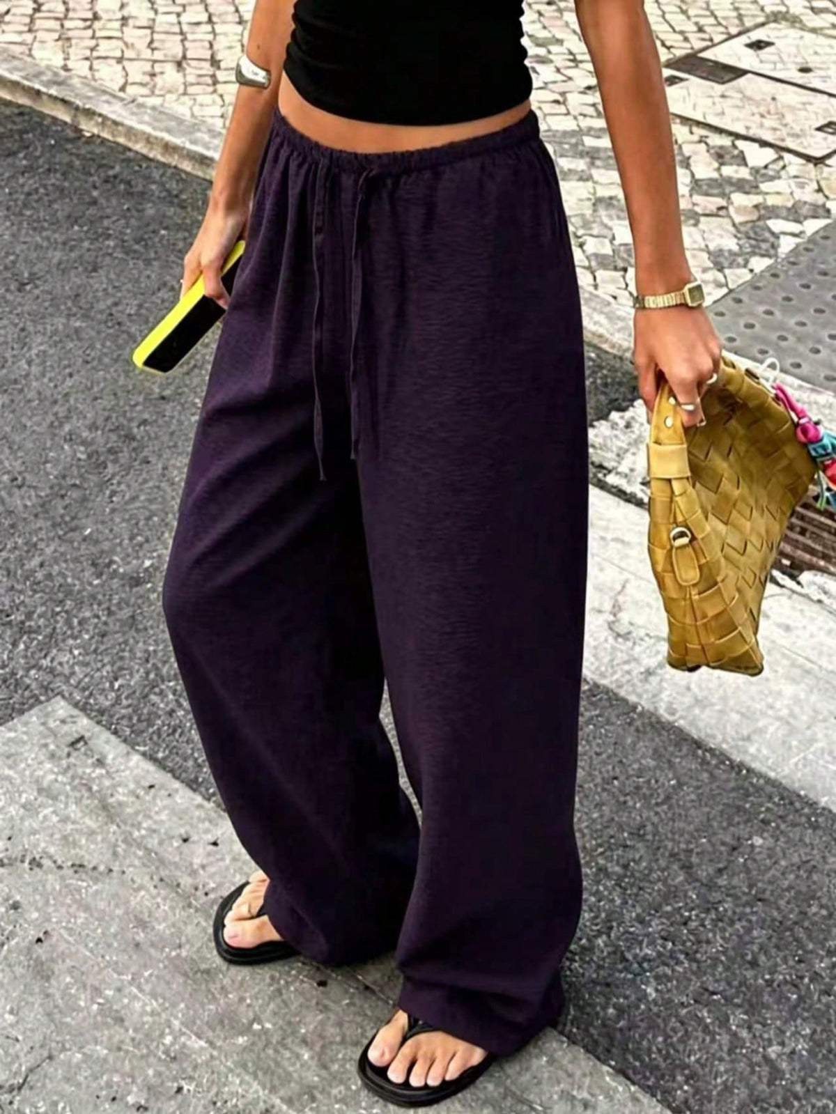 Women's 1pc Linen Style Wide Leg Pants, Elastic Waist High Waist Flowy Loose Long Pants, Spring Summer Autumn Winter Daily Casual Slouchy Comfortable Vacation Essential