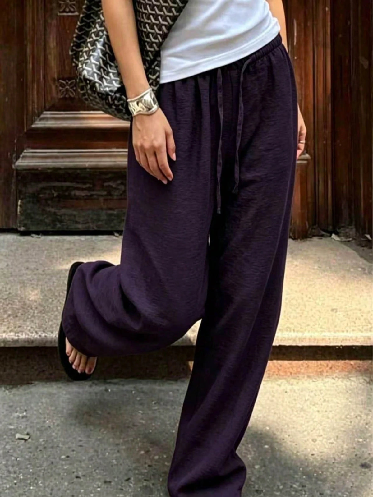 Women's 1pc Linen Style Wide Leg Pants, Elastic Waist High Waist Flowy Loose Long Pants, Spring Summer Autumn Winter Daily Casual Slouchy Comfortable Vacation Essential