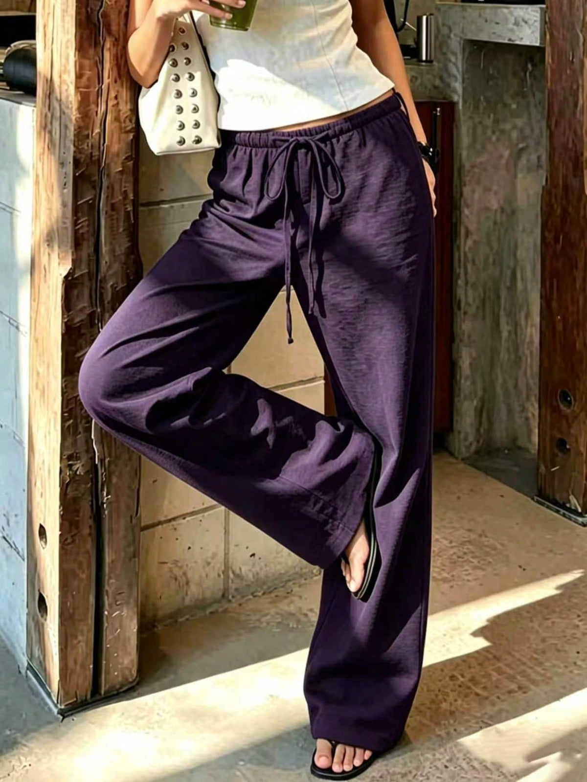 Women's 1pc Linen Style Wide Leg Pants, Elastic Waist High Waist Flowy Loose Long Pants, Spring Summer Autumn Winter Daily Casual Slouchy Comfortable Vacation Essential