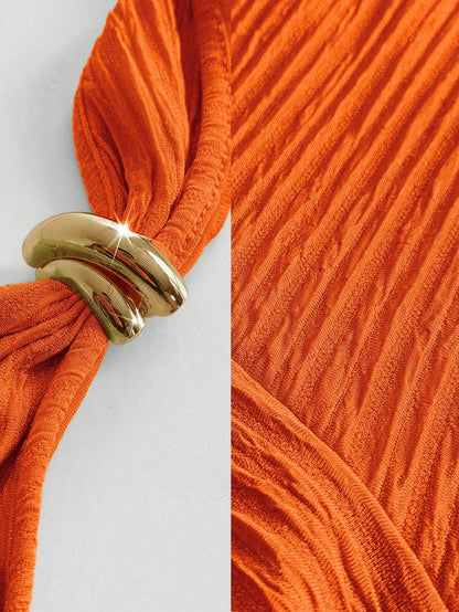 Women's 70s Elegant Jacquard Knit High Stretch Halter Neck Dress,Orange Red Summer Party Backless Dress,Metal Decor,Asymmetric Hem,Prom Outfits