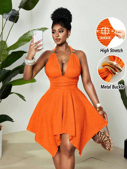 Women's 70s Elegant Jacquard Knit High Stretch Halter Neck Dress,Orange Red Summer Party Backless Dress,Metal Decor,Asymmetric Hem,Prom Outfits