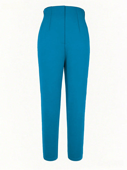 Women's Autumn Waist-Cinching Slim Fit 9/10 Length Commuter Pants, Knitted Fabric, Slim Fit, With Zipper And Pockets, Medium Stretch, Perfect For Autumn/Winter Season, Back To School, Modern Blue