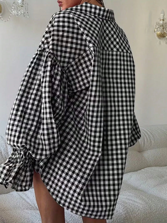 Women's Black And White Plaid Long Sleeve Shirt, Pockets And Buttons, Oversized Casual Street, Holiday/Travel/Daily Wear, Spring/Summer/Autumn/Winter