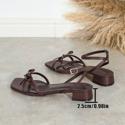 Women's Bowknot Thin Strap Decor Square Toe Chunky Heel Glossy Patent Leather Sandals, Sweet & Gentle Style, Summer Low Heel Sandals