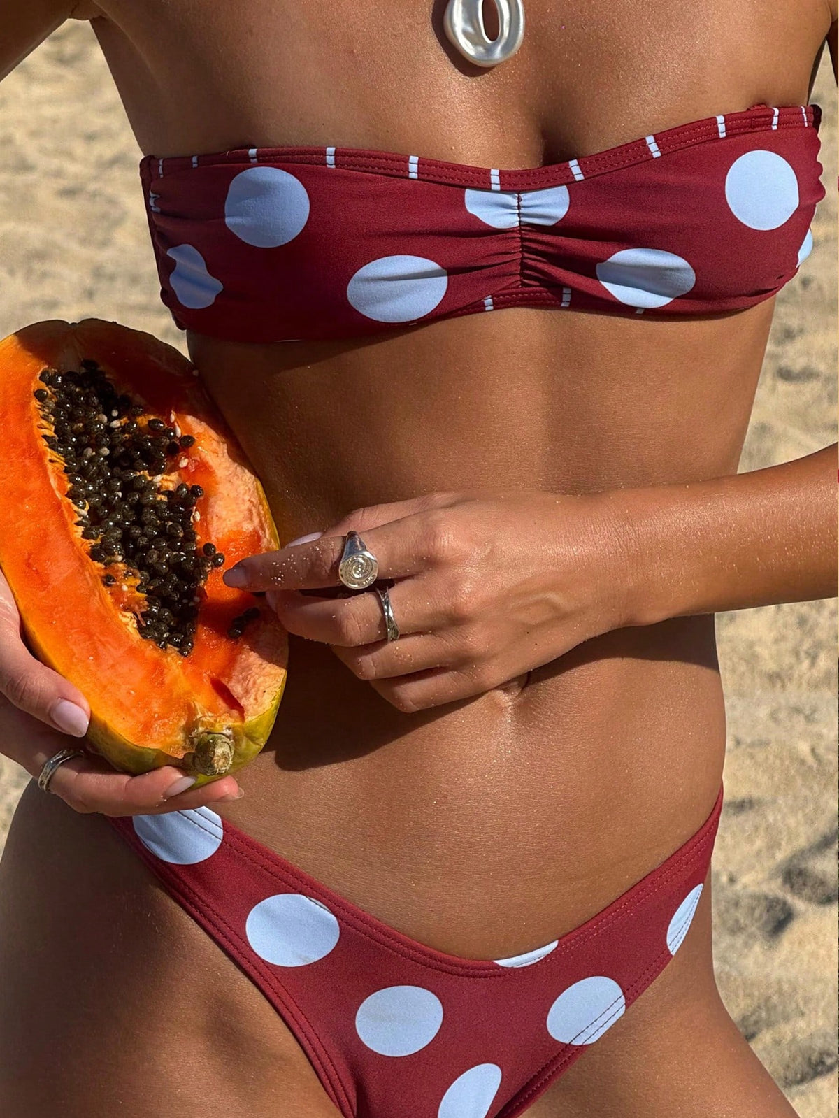 Women's Burgundy Polka Dot Bandeau Tie Bikini, Sexy Beach Vacation Style Two Pieces Swimsuit Set, Suitable For Spring/Summer 2026, Perfect Birthday Gift