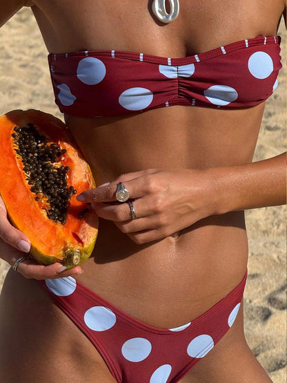 Women's Burgundy Polka Dot Bandeau Tie Bikini, Sexy Beach Vacation Style Two Pieces Swimsuit Set, Suitable For Spring/Summer 2026, Perfect Birthday Gift