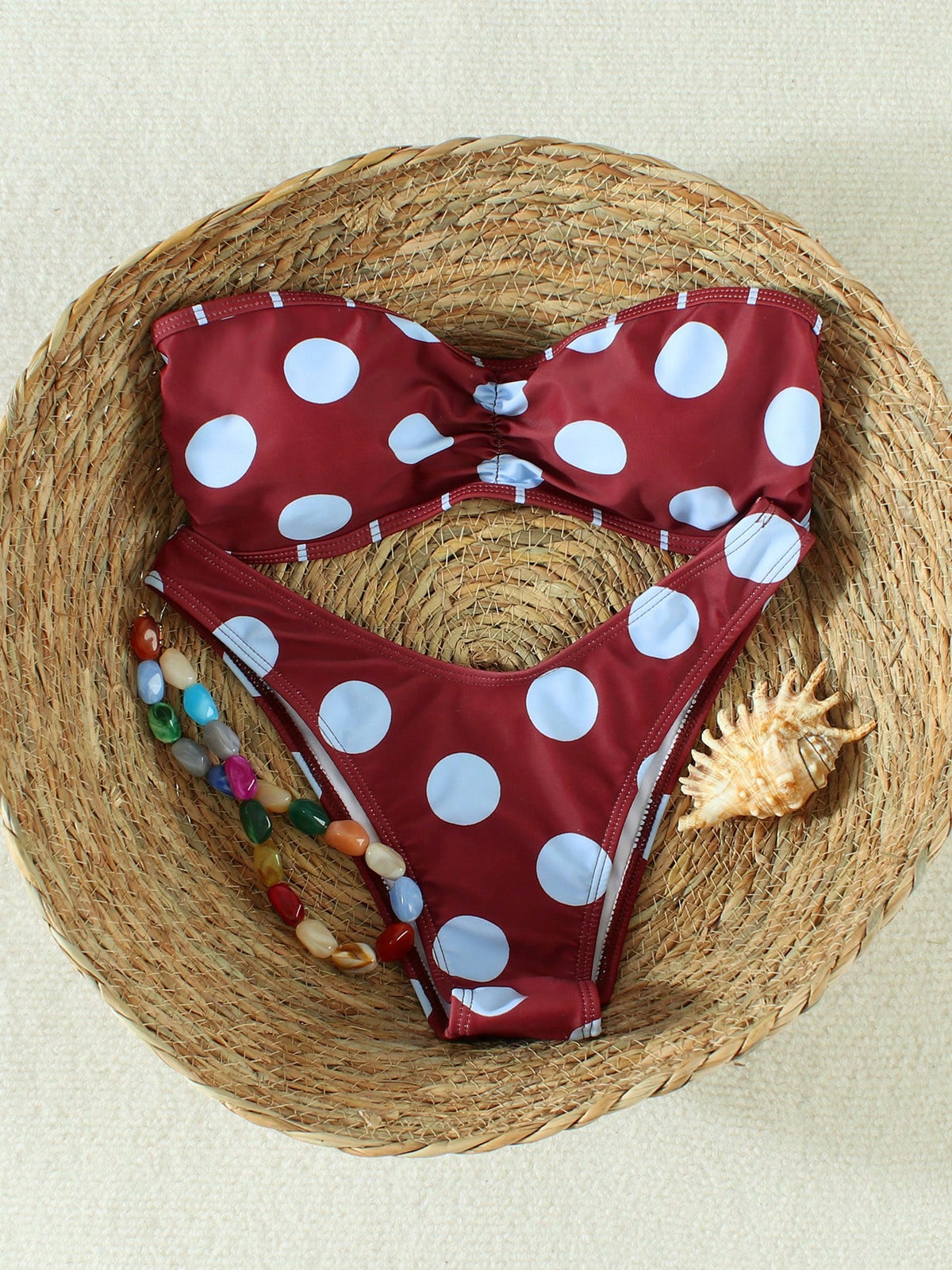 Women's Burgundy Polka Dot Bandeau Tie Bikini, Sexy Beach Vacation Style Two Pieces Swimsuit Set, Suitable For Spring/Summer 2026, Perfect Birthday Gift