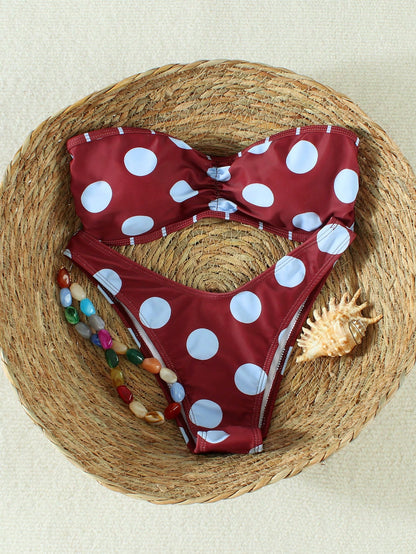 Women's Burgundy Polka Dot Bandeau Tie Bikini, Sexy Beach Vacation Style Two Pieces Swimsuit Set, Suitable For Spring/Summer 2026, Perfect Birthday Gift