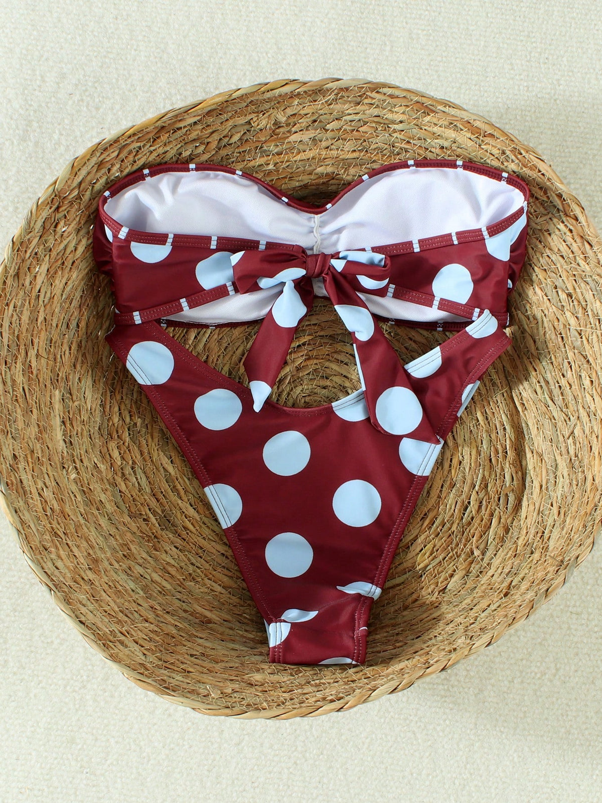 Women's Burgundy Polka Dot Bandeau Tie Bikini, Sexy Beach Vacation Style Two Pieces Swimsuit Set, Suitable For Spring/Summer 2026, Perfect Birthday Gift