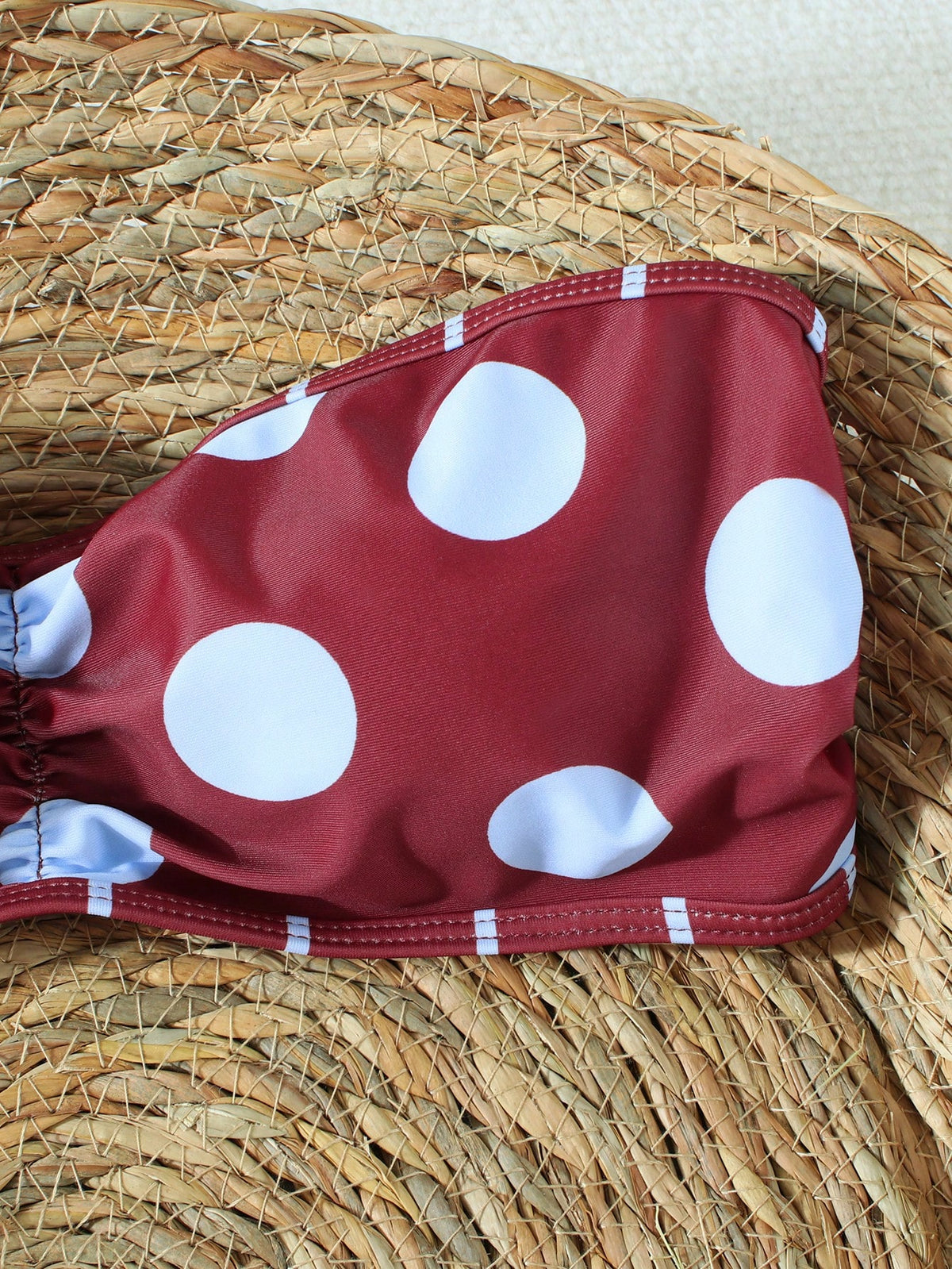 Women's Burgundy Polka Dot Bandeau Tie Bikini, Sexy Beach Vacation Style Two Pieces Swimsuit Set, Suitable For Spring/Summer 2026, Perfect Birthday Gift
