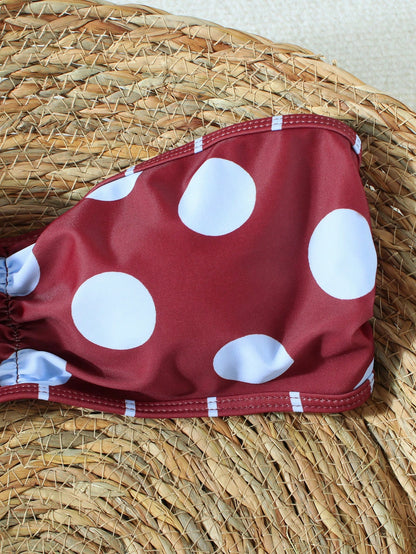 Women's Burgundy Polka Dot Bandeau Tie Bikini, Sexy Beach Vacation Style Two Pieces Swimsuit Set, Suitable For Spring/Summer 2026, Perfect Birthday Gift