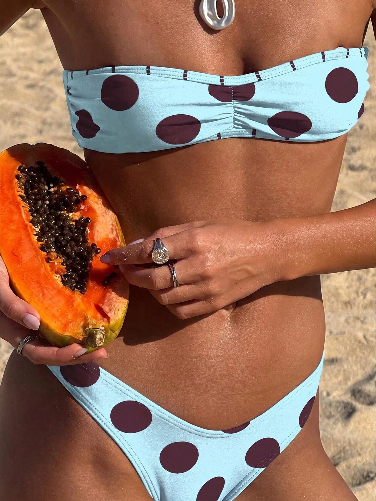 Women's Burgundy Polka Dot Bandeau Tie Bikini, Sexy Beach Vacation Style Two Pieces Swimsuit Set, Suitable For Spring/Summer 2026, Perfect Birthday Gift
