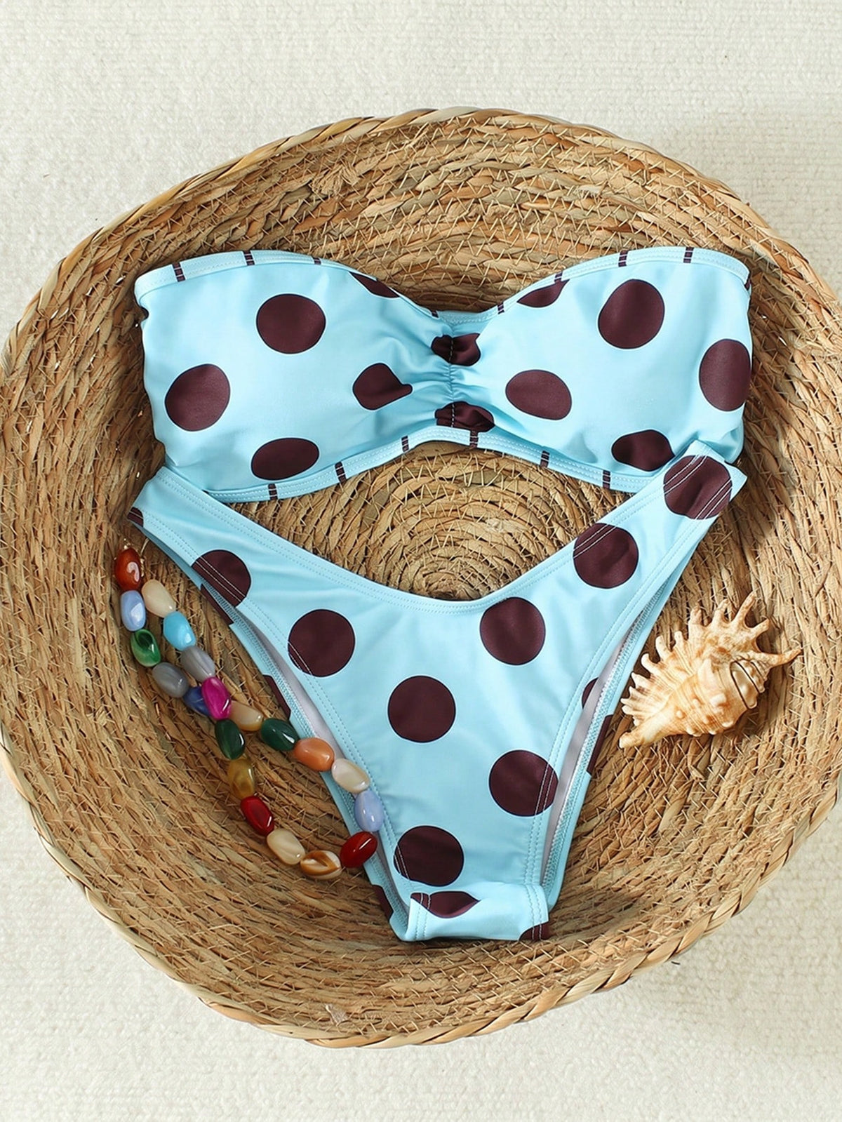 Women's Burgundy Polka Dot Bandeau Tie Bikini, Sexy Beach Vacation Style Two Pieces Swimsuit Set, Suitable For Spring/Summer 2026, Perfect Birthday Gift