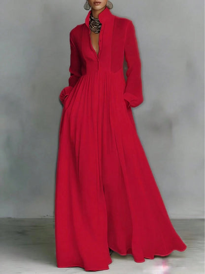 Women's Button-Down Maxi Shirt Dress, Long Sleeve Stand Collar Pleated Flowy Dress, Casual Elegant Outfit With Pockets