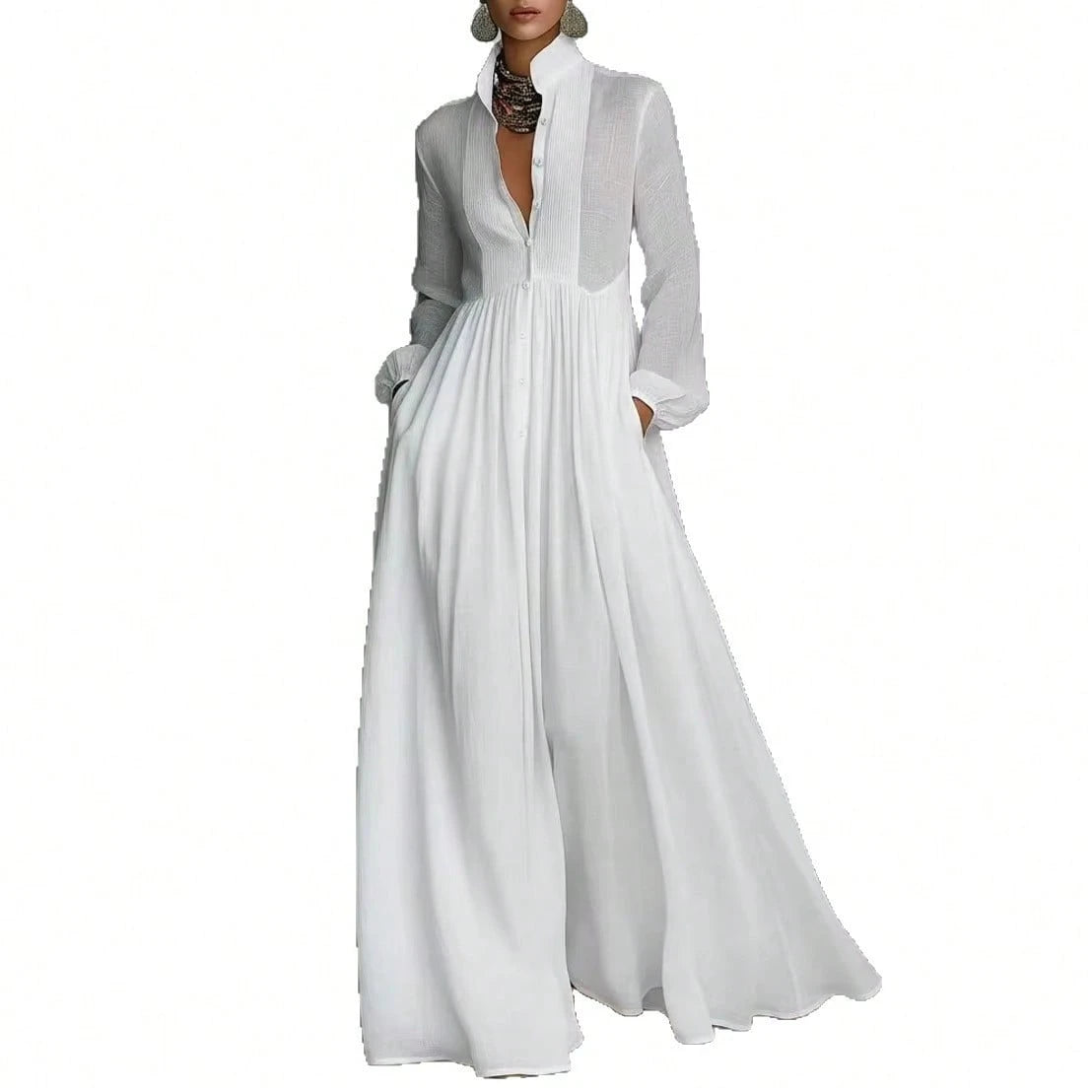 Women's Button-Down Maxi Shirt Dress, Long Sleeve Stand Collar Pleated Flowy Dress, Casual Elegant Outfit With Pockets