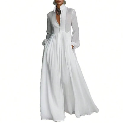 Women's Button-Down Maxi Shirt Dress, Long Sleeve Stand Collar Pleated Flowy Dress, Casual Elegant Outfit With Pockets