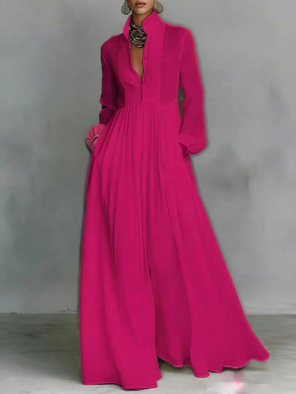 Women's Button-Down Maxi Shirt Dress, Long Sleeve Stand Collar Pleated Flowy Dress, Casual Elegant Outfit With Pockets