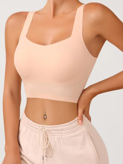 Women's Casual Comfy High Stretch Backless Plain Crop Top With Built In Bra