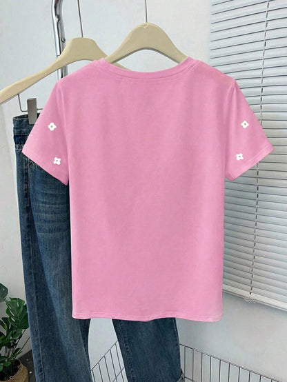 Women's Casual Floral Embroidered Round Neck T-Shirt