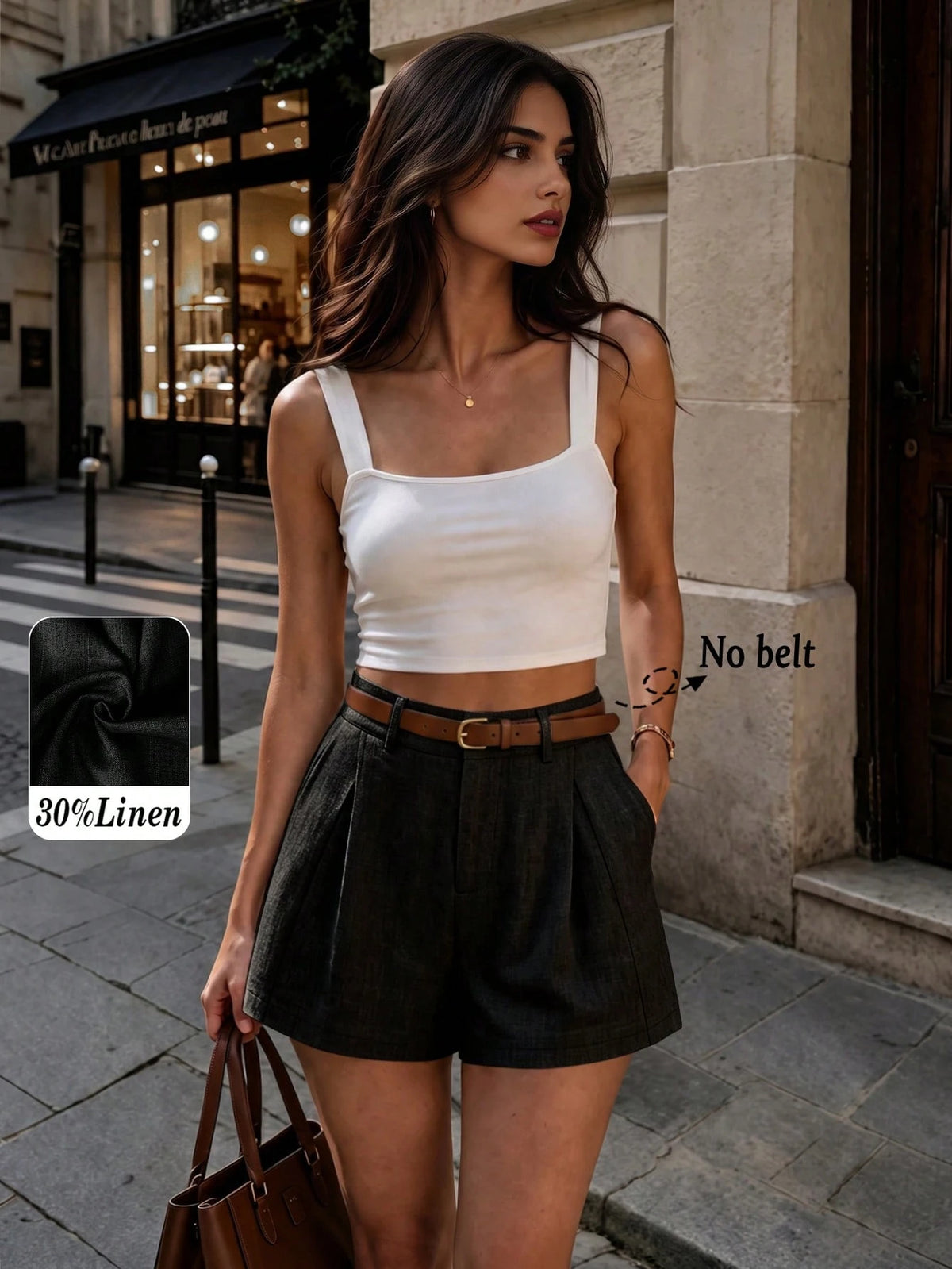 Women's Casual Linen Blend Pleated Design Side Pocket A-Line Shorts, Spring/Summer Black, Vacationcore, Everyday Wear