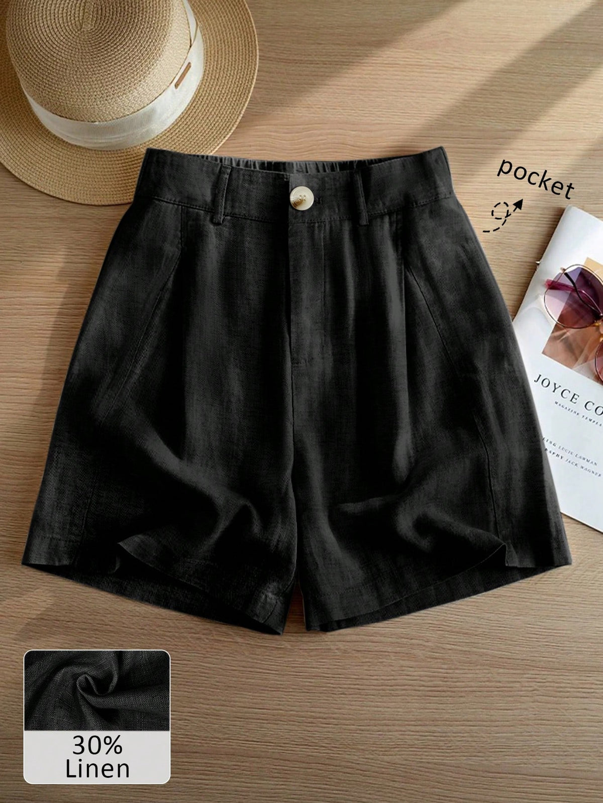 Women's Casual Linen Blend Pleated Design Side Pocket A-Line Shorts, Spring/Summer Black, Vacationcore, Everyday Wear