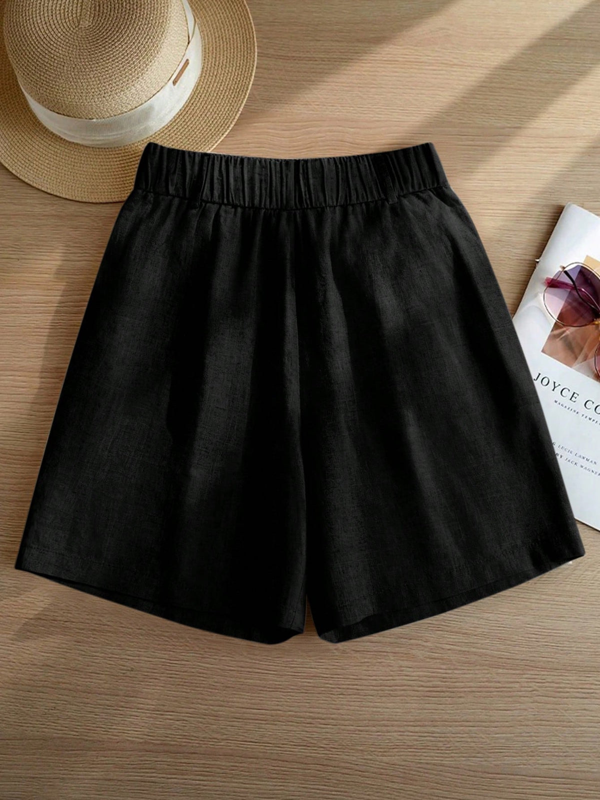 Women's Casual Linen Blend Pleated Design Side Pocket A-Line Shorts, Spring/Summer Black, Vacationcore, Everyday Wear